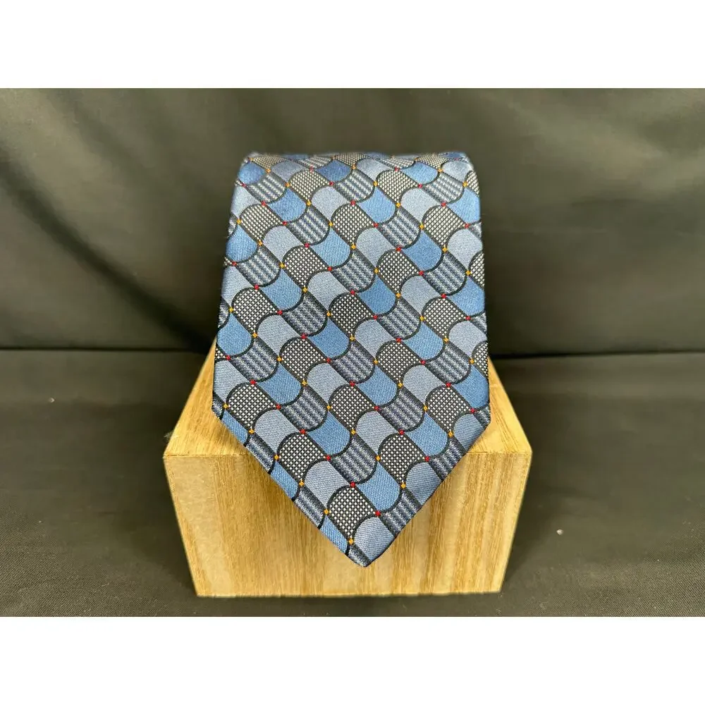 Dion Signature 100% Silk Tie Geometric Squares Pattern in Blue Black and Orange